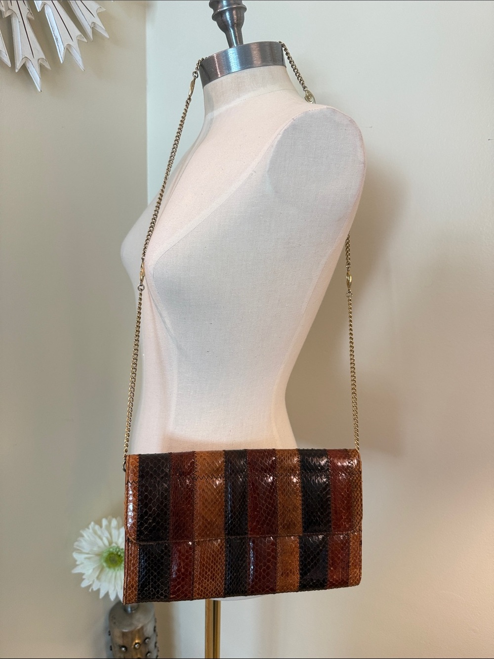 Esteve Vintage Striped Brown Snake Leather Crossbody Bag with Gold Chain Strap